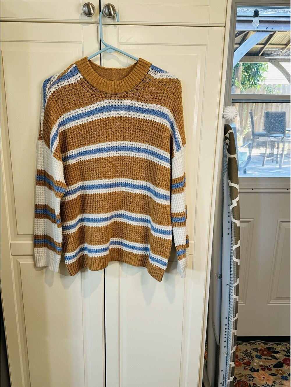 American Eagle Women's Striped Waffle-Knit Cream Camel, Blue Sweater Size XS